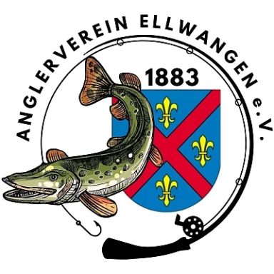 Logo des Anglervereins Ellwangen e.V. mit einer Forelle und einem Wappen.