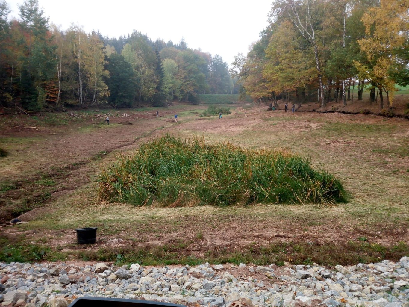 Teichpflege Trockene Landschaft mit vorbeifl усserndem Wasser und einem Hügel aus Gras.