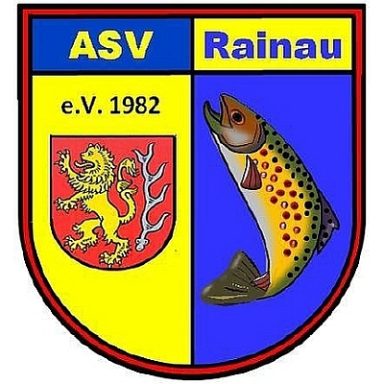 Wappen des ASV Rainau mit Löwe und Forelle auf gelbem und blauem Hintergrund.